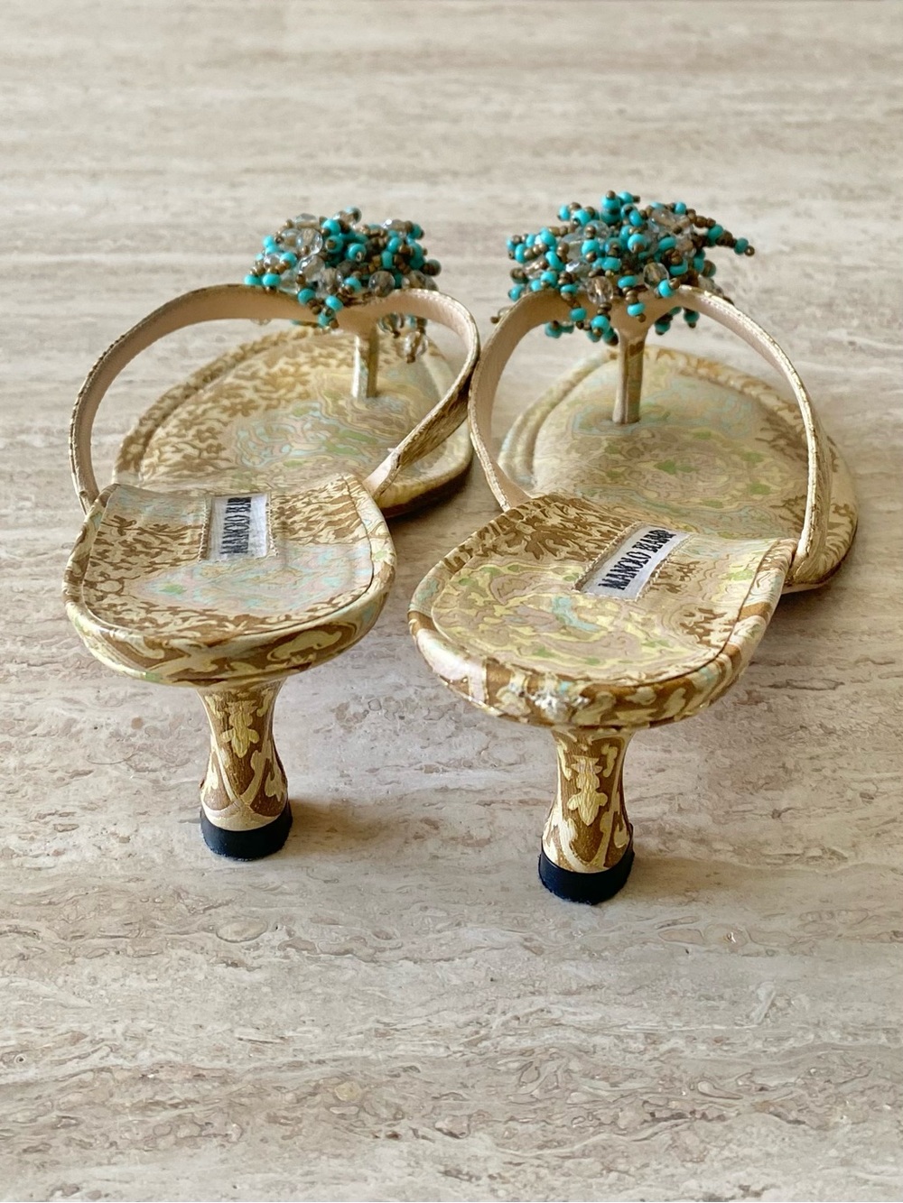 Vintage Manolo Blahnik Brocade Beaded Thong Sandal Heels - Picture 6 of 8
